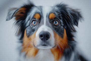 Close-Up and Full Body Portraits of an Australian Shepherd Dog, Highlighting Tricolor Fur and Expressive Eyes in Various Settings