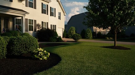 A Serene Residential Neighborhood with Lush Green Lawns, Well-Maintained Shrubs, and a Clear Blue Sky Capturing the Essence of Peaceful Suburban Living