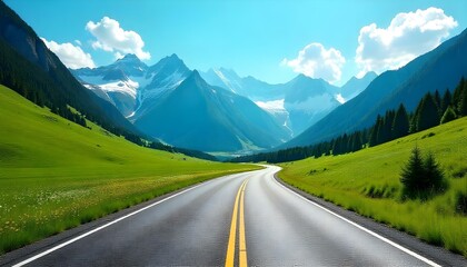 Naklejka premium A long winding road, valley road trip through mountains with copy space