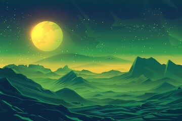 Obraz premium A yellow moon shines over a green, low-poly mountain range