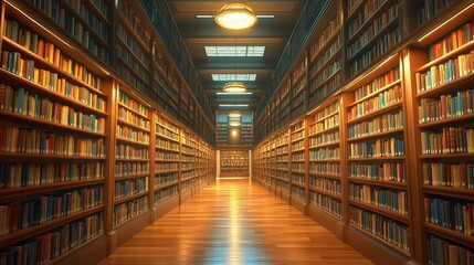 Fototapeta premium Long aisle of bookshelves in a library with warm lighting.