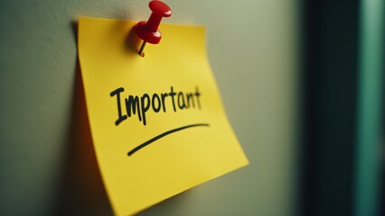 A sticky note pinned to a wall with the handwritten word 'Important' underlined for emphasis. The scene conveys urgency and prioritization, ideal for concepts of reminders, tasks, and critical informa