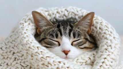Naklejka premium Cozy tabby cat sleeping soundly nestled in a warm knitted blanket.