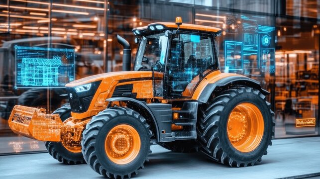 Modern Agricultural Tractor with Digital Interface Overlay Showcasing Innovative Technology and Advanced Machinery for Efficient Farming Practices - Powered by Adobe