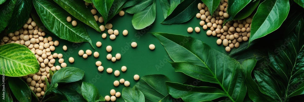 Poster Soybeans are scattered across a vibrant green surface, complemented by an array of lush tropical leaves in a lively atmosphere. Generative AI