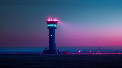 Naklejka premium A modern air traffic control tower illuminated at dusk, overseeing airport operations.