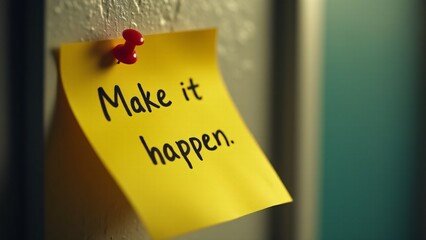 A pinned sticky note on a wall with the handwritten phrase 'Make it happen' encouraging action and determination. The lighting emphasizes the urgency and focus of the message, symbolizing ambition, go