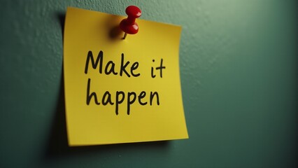 A pinned sticky note on a wall with the handwritten phrase 'Make it happen' encouraging action and determination. The lighting emphasizes the urgency and focus of the message, symbolizing ambition, go