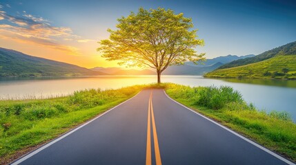 Fototapeta premium Serene Landscape with a Tree by a Calm Lake at Sunrise, Featuring a Scenic Road Surrounded by Lush Greenery and Majestic Mountains in the Background