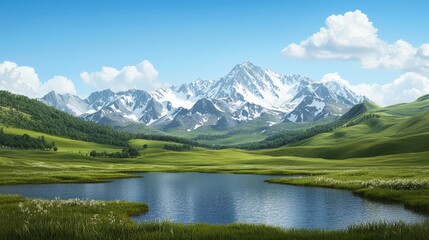 Fototapeta premium Serene Mountain Lake Landscape Nature Scenery Panorama Peak Meadow Sky Clouds Green Water Serenity