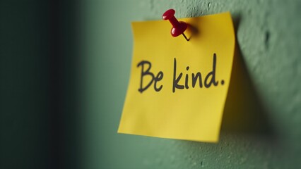 A pinned sticky note on a wall displaying the handwritten phrase 'Be Kind!' promoting positivity and compassion. The lighting draws attention to the simplicity and sincerity of the message, emphasizin