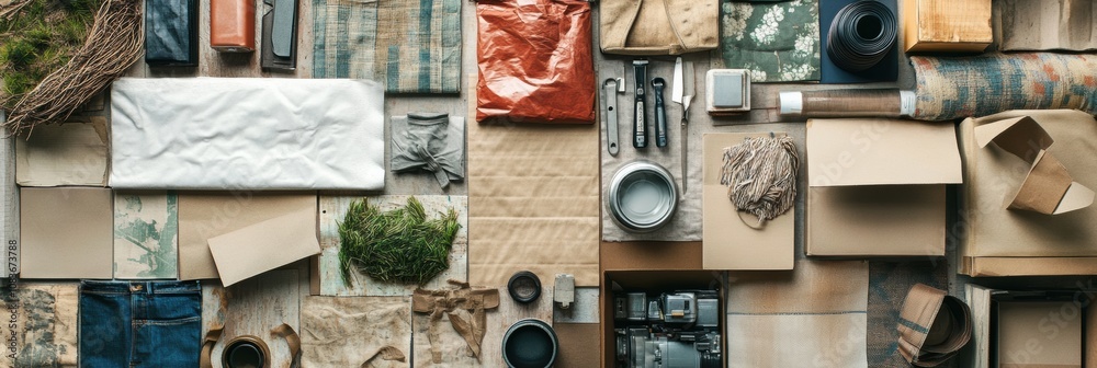 Aufkleber Various recycled and upcycled items are neatly organized on a table, showcasing materials for creative art projects focused on sustainability. Generative AI
