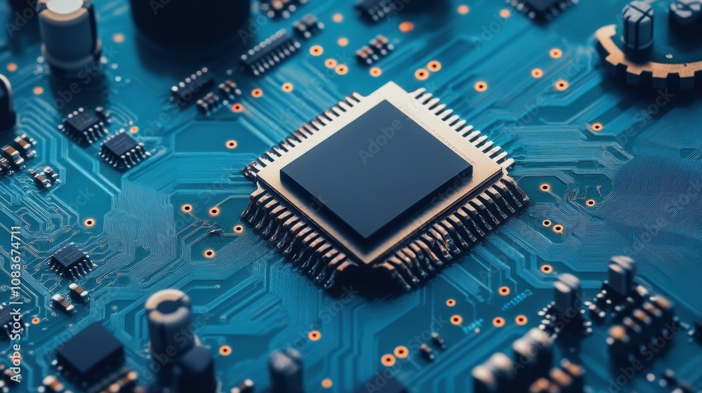 Aufkleber A detailed view showcases a microprocessor surrounded by gears and electronic components, highlighting technology and engineering intricacies. Generative AI