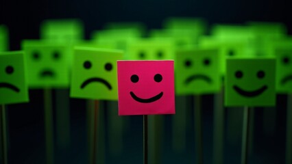 A group of signs with neutral or sad faces, with one prominently displaying a smiley face in the center. The concept represents positivity, individuality, and standing out in a crowd of negativity. Pe