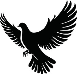 Fototapeta premium Dove icon. Black silhouette of a dove in flight carrying an olive branch on a white background. Peace symbol. Religious icon. Vector illustration.
