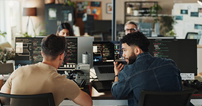 Man, developer and help with coding on computer screen in office for testing web application or troubleshooting. Programming, staff and employee with advice on developing software solution at startup