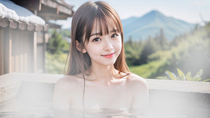 青空の温泉露天風呂に入浴中の若い女性	