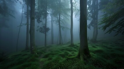 Obraz premium A misty forest landscape with tall trees and lush green undergrowth, creating a serene and mysterious atmosphere.