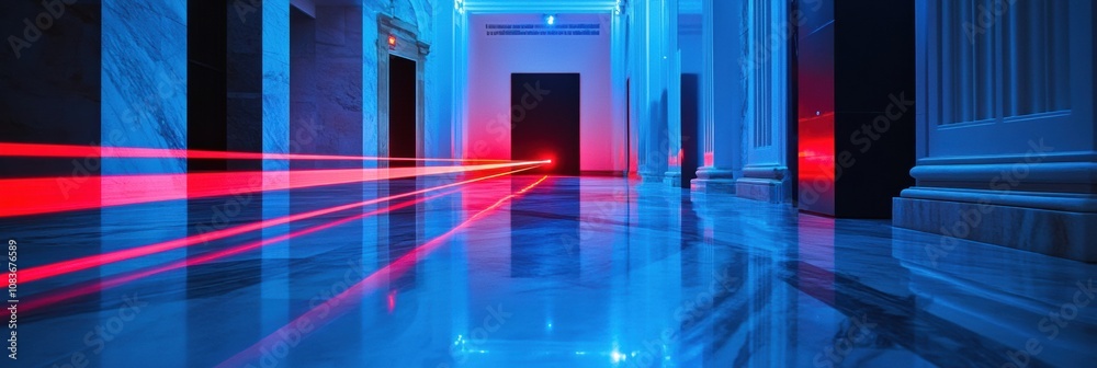 Poster Bright red laser beams cross a polished hallway floor in a modern building, casting vivid colors and highlighting the architectural design. Generative AI