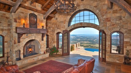 Spacious and Inviting Rustic Living Room with Stone Walls, Cozy Fireplace, Arched Windows, Stunning Views, and Elegant Furnishings in a Scenic Setting