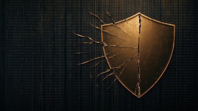 Broken shield on black background, a symbol of vulnerability and compromised protection