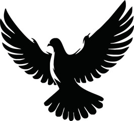 Obraz premium Dove icon. Black silhouette of a dove in flight carrying an olive branch on a white background. Peace symbol. Religious icon. Vector illustration.
