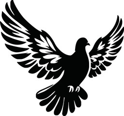 Fototapeta premium Dove icon. Black silhouette of a dove in flight carrying an olive branch on a white background. Peace symbol. Religious icon. Vector illustration.