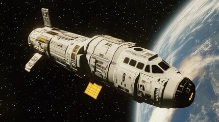 Obraz premium Futuristic Spacecraft Orbiting Earth Against a Starry Background, Showcasing Advanced Technology and Design in a Vast Cosmic Environment