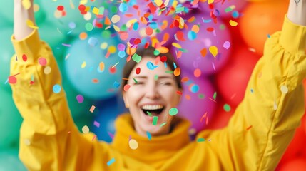 Fototapeta premium Here's a and keyword list for your stock photo.. Joyful woman celebrating with confetti and balloons.