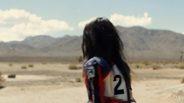 Woman in motocross gear standing alone in desert landscape with mountain range backdrop, number 2 racing jersey, extreme sport adventure scene with dramatic wilderness vista - Anamorphic 4K
