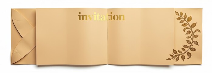 Kraft paper template with gold inscription "Invitation", English ligature ornament on a white background