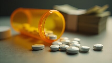 Botella de prescripci&oacute;n m&eacute;dica naranja volcada con p&iacute;ldoras blancas redondas dispersas sobre una superficie blanca. Fondo con billetes de d&oacute;lar apilados desenfocados. Concepto de costos m&eacute;dicos, econo