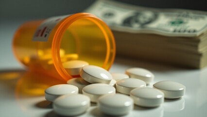 Orange prescription bottle tipped over with round white pills scattered on a white surface. Background features a stack of blurred dollar bills. Concept of medical costs, healthcare economy, and pharm
