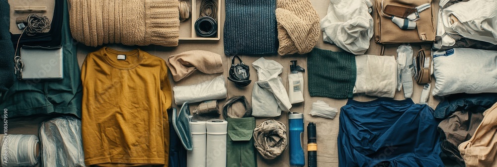 Poster a collection of recycled clothing and materials is neatly arranged on a surface, showcasing various 