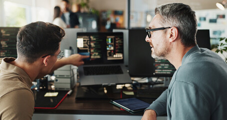 Man, developer and coding support on computer screen in office for testing web application and...