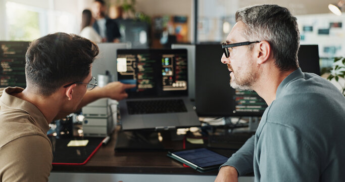 Man, developer and coding support on computer screen in office for testing web application and troubleshooting. Programming, employee or mentor with advice on developing software solution at startup