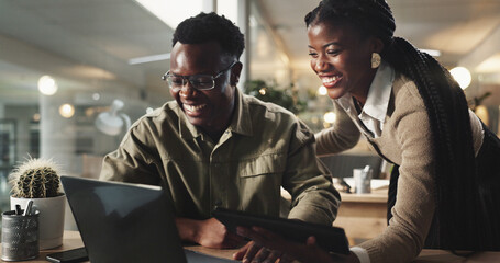 Web designer, black people and laptop with laughing in working late as team or coworkers in office....