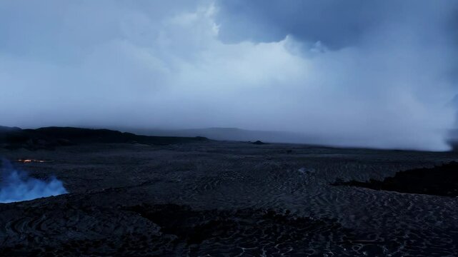 Dramatic pan video of a volcanic landscape with steam vents, dark clouds, and lightning.