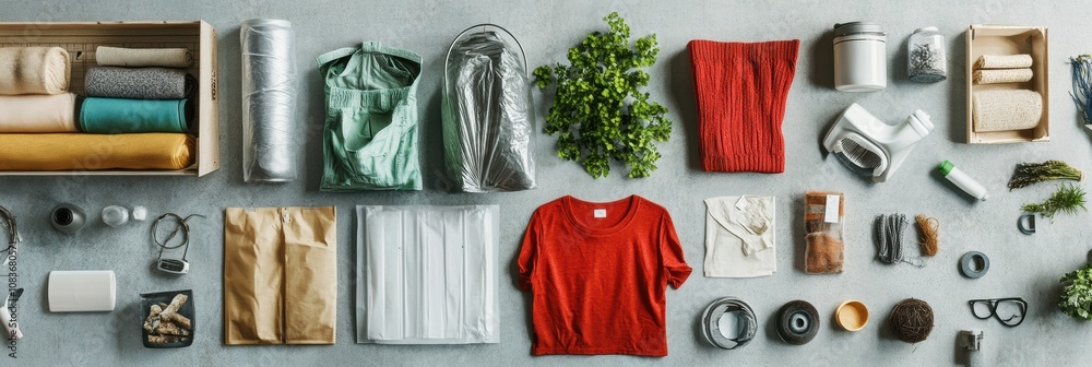 Fototapete a vibrant assortment of recycled and upcycled items arranged neatly on a table, featuring textiles, 