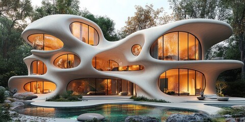 Fototapeta premium Modern, futuristic, organic shaped house with a pool in front of it.