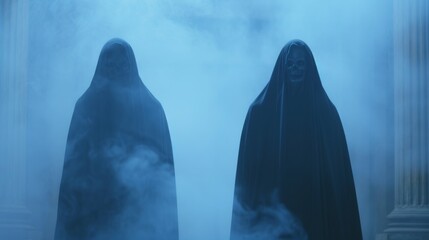 Here's a description and keywords for your stock photo.. Two hooded figures shrouded in mist.