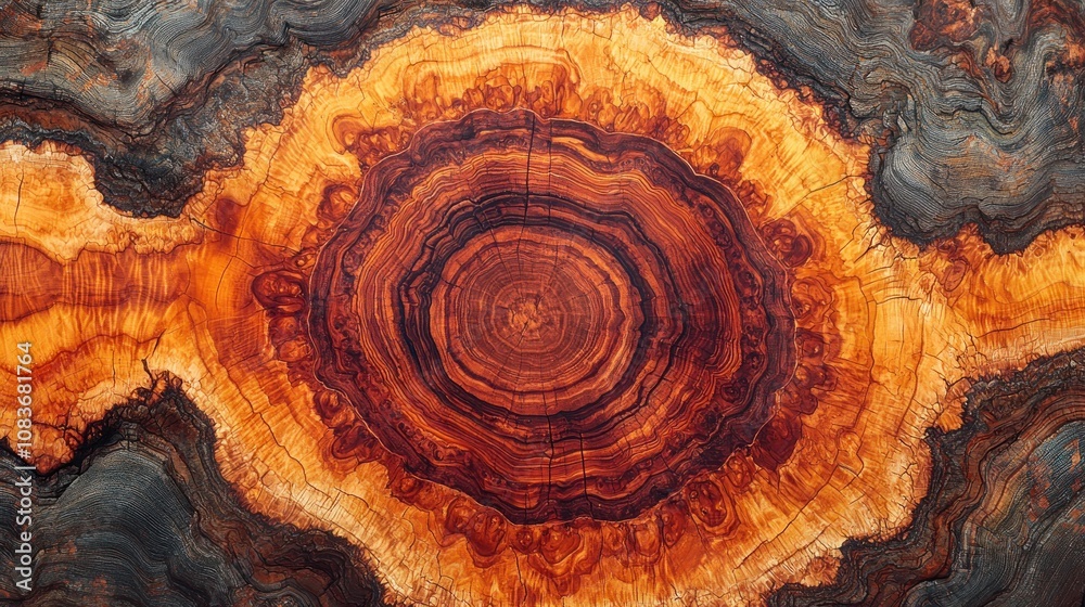 Poster Close-up of a Tree Trunk's Cross-Section with Intricate Grain Patterns and Rich Color Variations