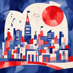 Abstract vibrant geometric watercolour art. Multicoloured shapes, elements creates architecture streets. Square retro wallpaper. Technology energy pattern. Abstract city buildings. Urban town houses. 