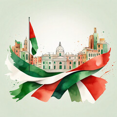 An abstract watercolour bright artwork of Italian unique town with ancient buildings in green, white, red colours. Colorful template, minimalist design, greeting card. Italian Constitution Day.	