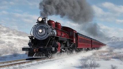 Obraz premium Majestic Steam Train in Snowy Mountain Landscape Winter Travel Scene