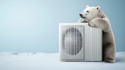 Global warming animals temperature concept. A playful polar bear leans on an air conditioning unit, set against a frosty backdrop, blending the themes of nature and modern technology.