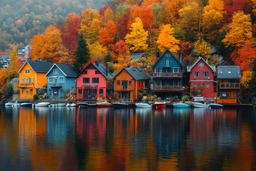 Naklejka premium Vivid autumn colors of trees and houses reflect on the lake, creating a stunning visual contrast of nature and human habitation.