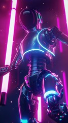 Obraz premium Visualize a dynamic, futuristic Robotic Dance Party under the dazzling Northern Lights Capture sleek, metallic robots grooving in vivid neon hues against the luminous night sky