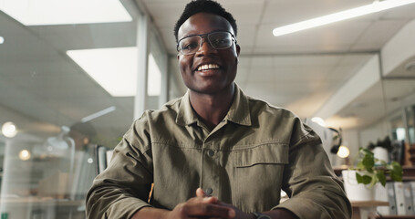 Talking, video call and portrait of business black man in office for virtual consultant, financial...