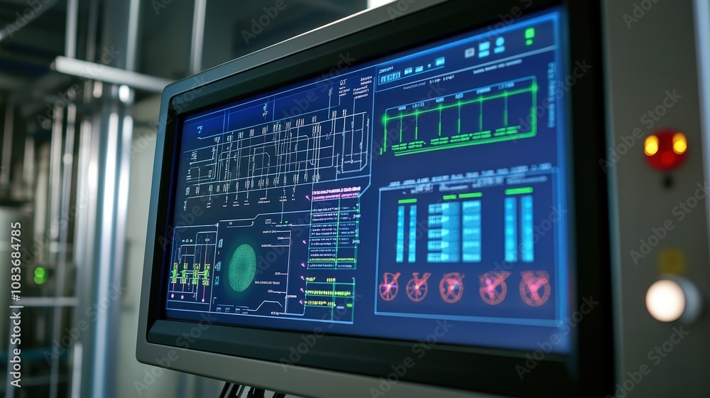 Poster a smart grid interface on a monitor, showing real-time data of electricity distribution and usage fo